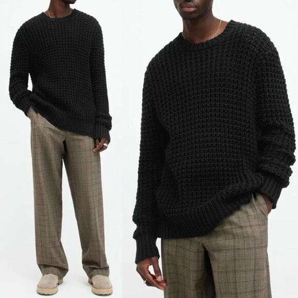 AllSaints Men's M Illund Waffle Stitch Crew Neck Sweater Organic Cotton Black - Picture 1 of 16